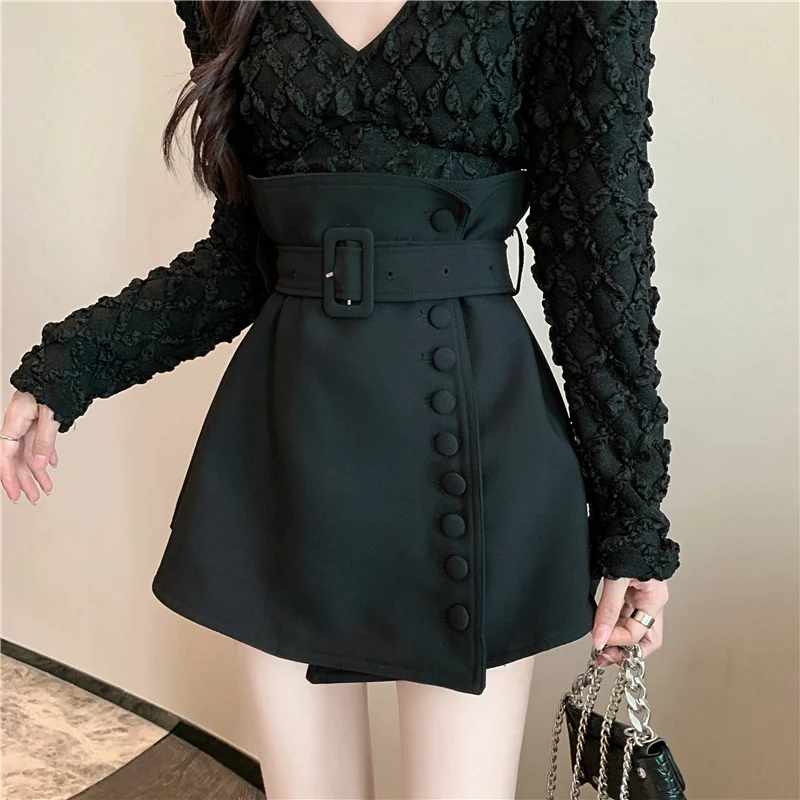 Gothic Bud Elegant Mini A-line High Waist Korean Button Sashes Elegance Autumn Casual Ladies Office Women Ball Gown Skirts crop top with skirt