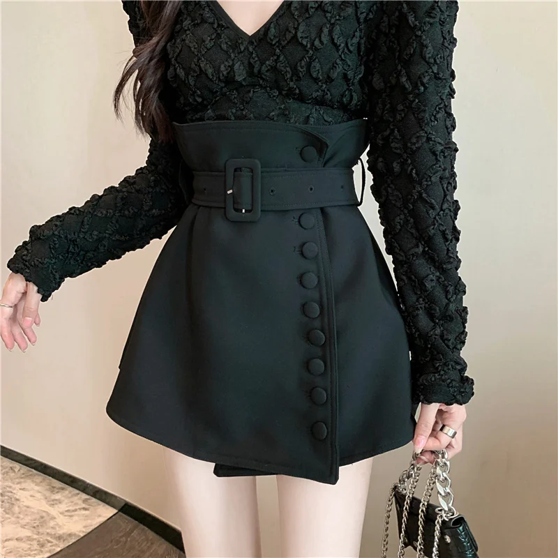 Gothic Bud Elegant Mini A-line High Waist Korean Button Sashes Elegance Autumn Casual Ladies Office Women Ball Gown Skirts crop top with skirt Skirts