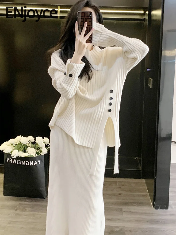 

Женский винтажный вязаный пуловер ENjoyce, свитер с разрезом и длинная юбка с поясом на резинке, комплект из 2 предметов в Корейском стиле