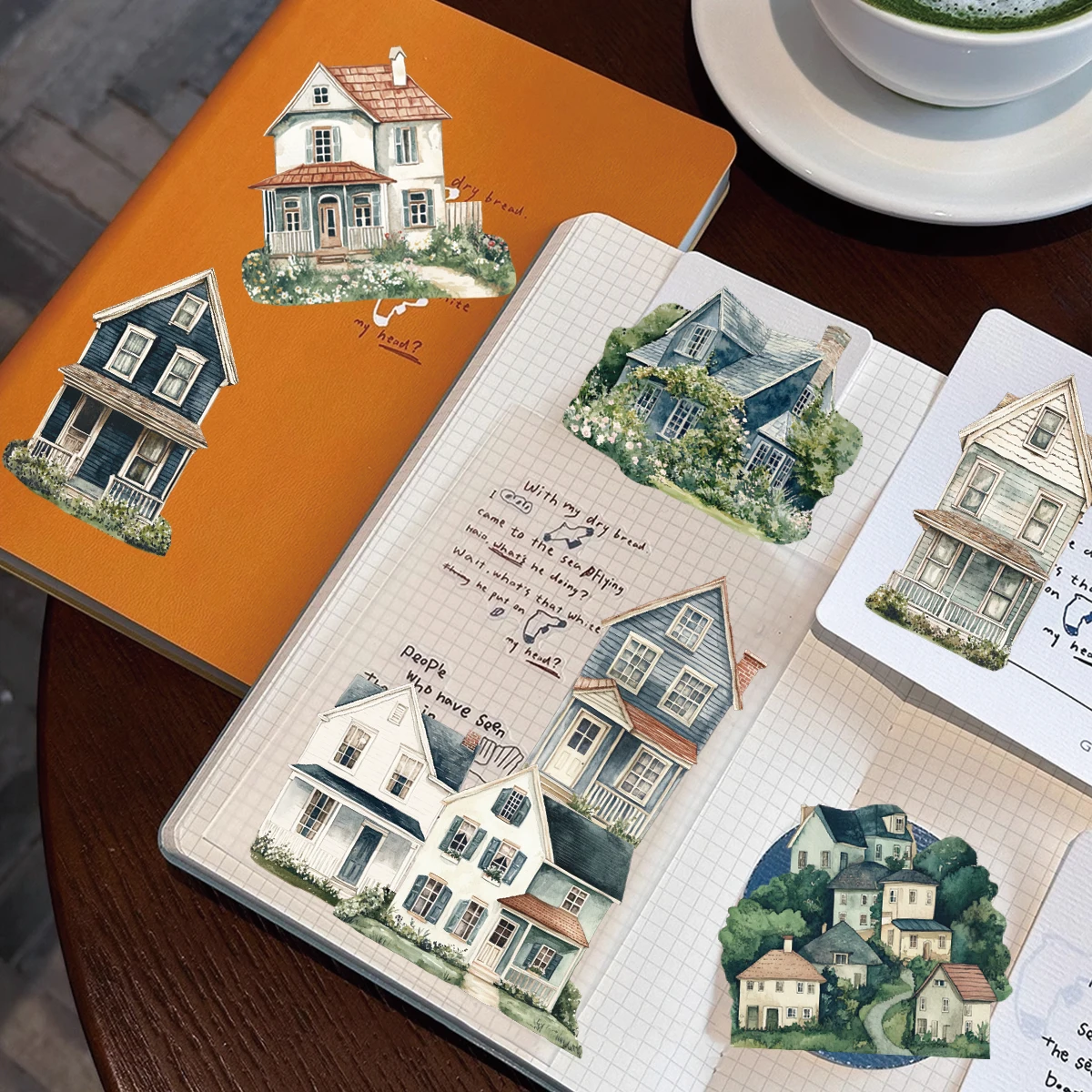 15pcs 녹색 고원 작은 집 건물 방 장식을위한 애완 동물 스티커 어린이 선물 스티커 가방 전화 케이스 장식