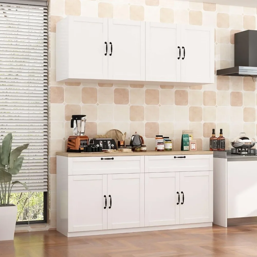 Wall Mounted Kitchen Pantry Storage Cabinet with Countertop, Pantry Cabinet with Drawers & Doors, Wall for Kitchen