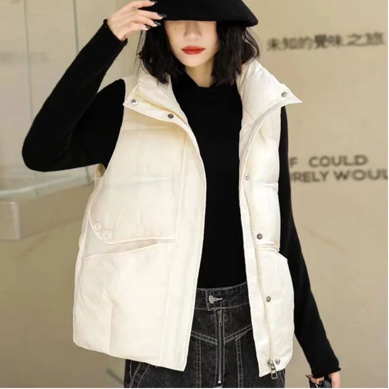 down Vest Female Stand-up Collar All-Match Short Chic Loose-Fitting Vest White Duck down Waistcoat Outerwear