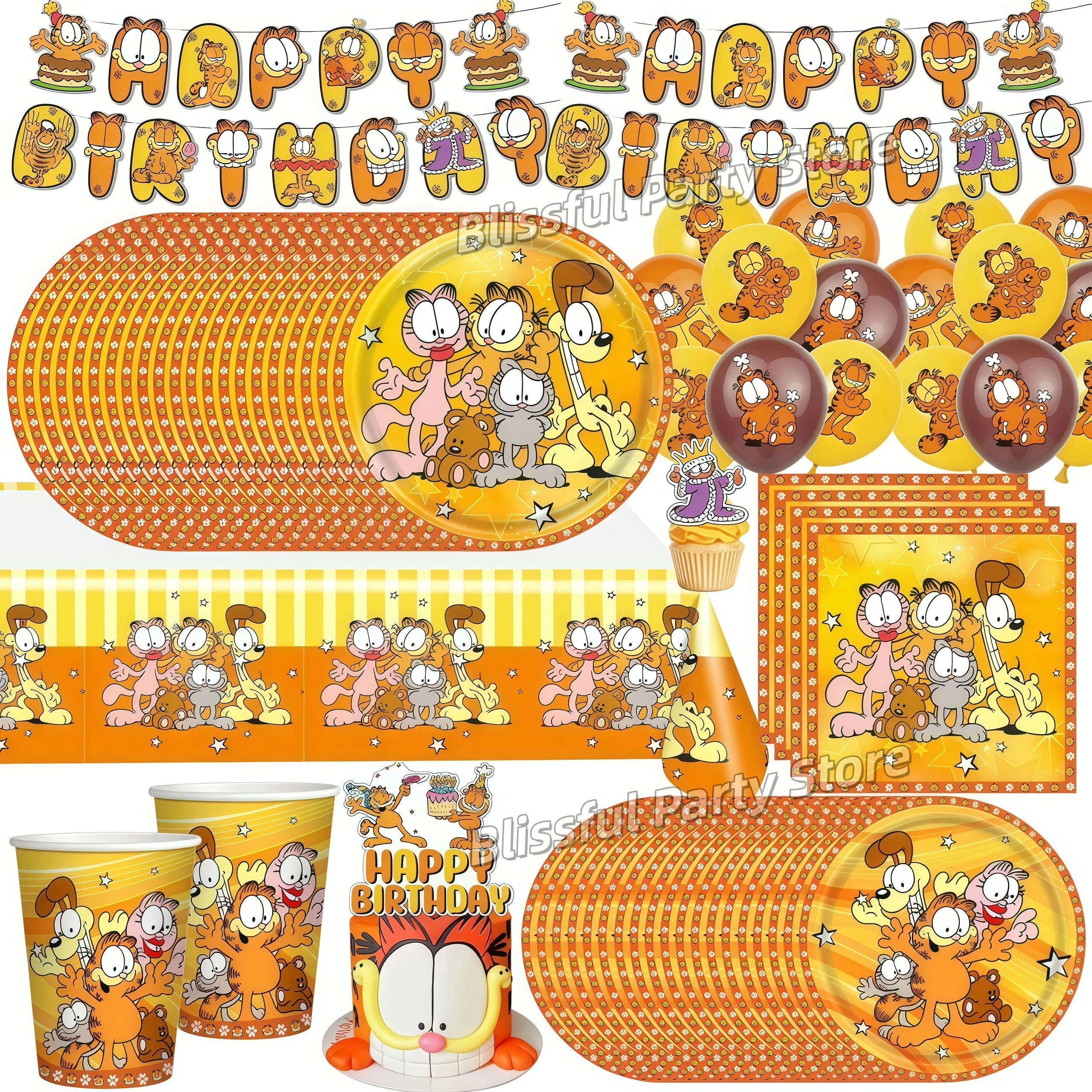 Cartoon G-arfielded Birthday Party Decoration Tableware Cup Plate Napkin Balloon Banner for Kids Favor Gift Baby Shower Supplies