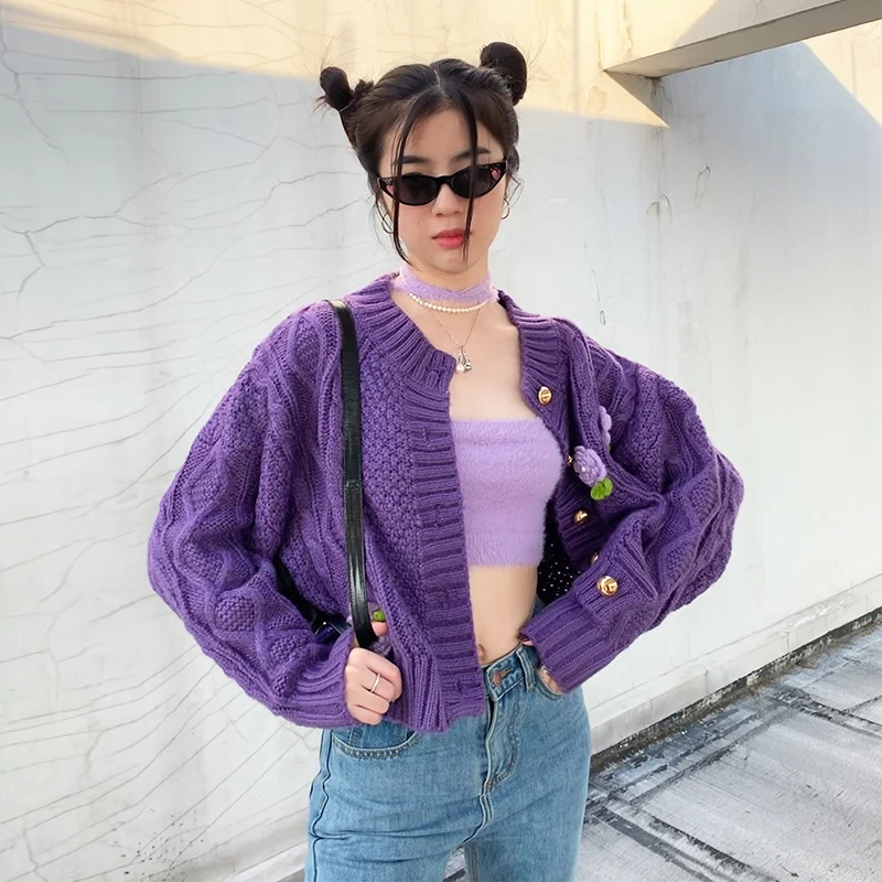 

Autumn and Winter New Vintage Embroidered Thick Knitted Grape Purple Loose Slimming Long Sleeves Super Comfortable Cardigan