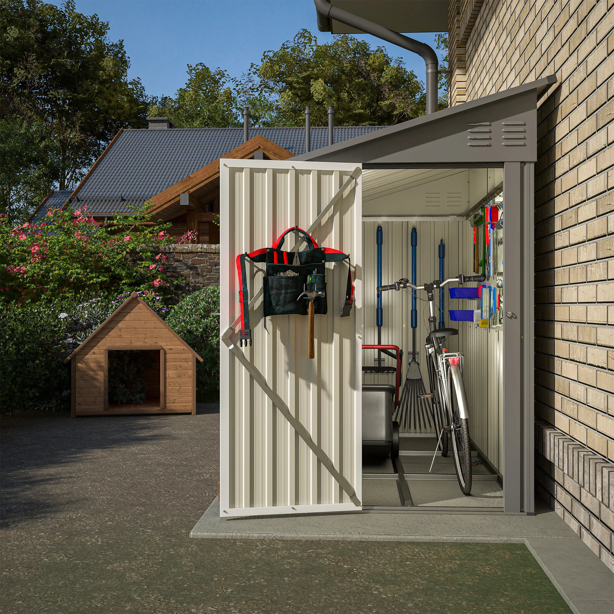 LZBEITEM 4' x 8' Metal Wall Side Storage Sheds & Outdoor Storage, Garden Storage Cabinet for Backayrd,Grey - Image 5