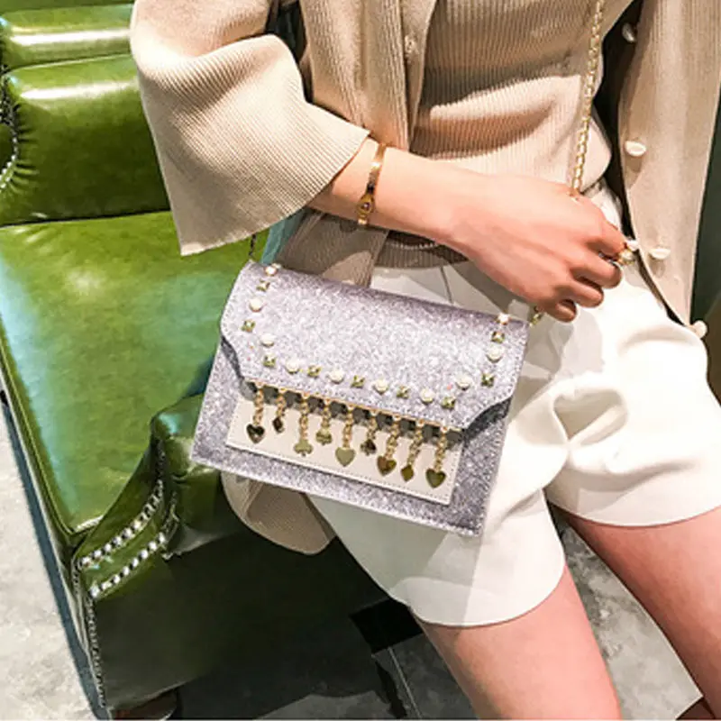 JIAERDI Sequin Fringe Gemstone Inlay Shoulder Bags Women Vintage Harajuku Large Capacity Crossbody Bag Ladies Y2k Underarm Bag