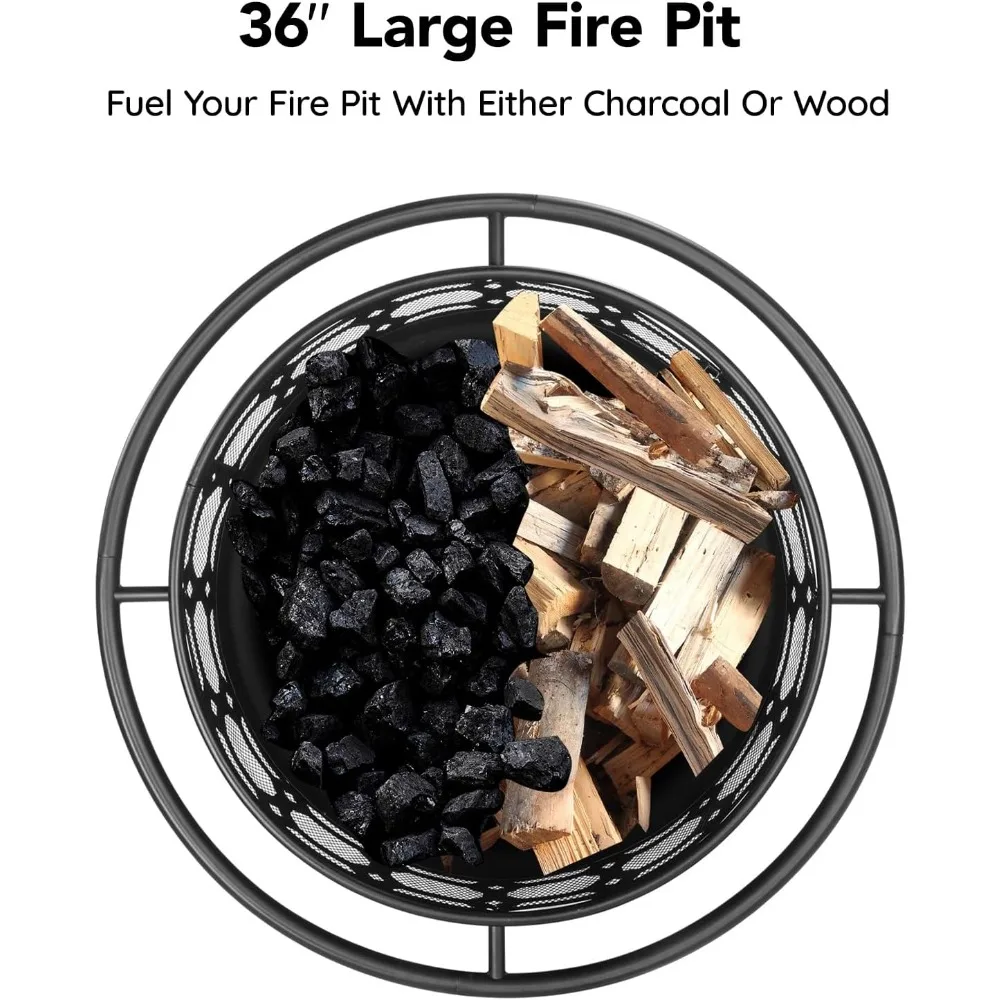 36 Inch Fire Pit, Outdoor Wood Burning Firepit with Removable Grill & Poker, Heavy Duty Metal Round Fireplace,2 in 1 Large Bonfi