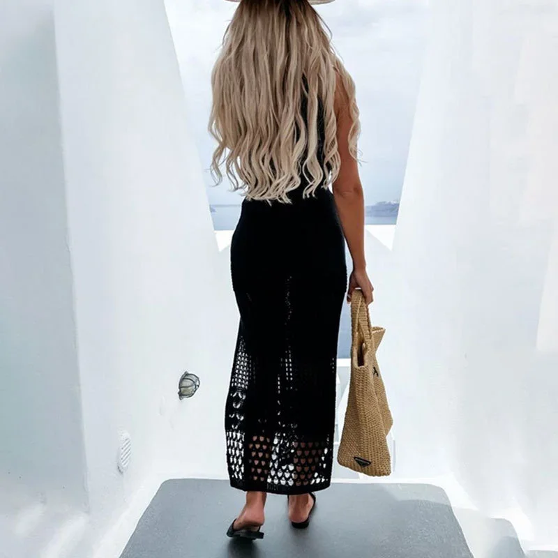 Women Separate Beach Coverall Slim Fit Suspenders Tops Two Piece Sets Stretch Elastic Waist Split Hem Skirt Casual Vacation Wear