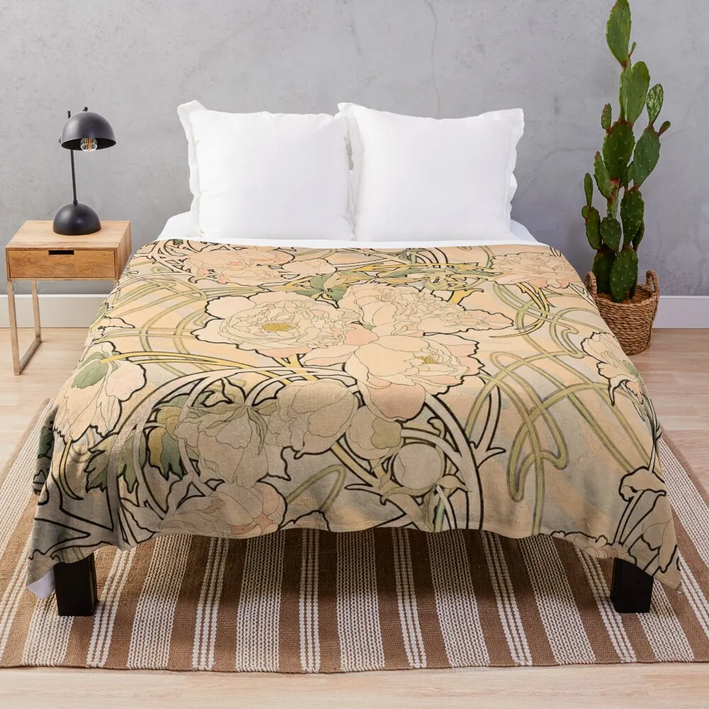 

Alfonse Mucha Art Nouveau Peonies Throw Blanket Luxury Brand Blanket Soft Plaid Decorative Blankets