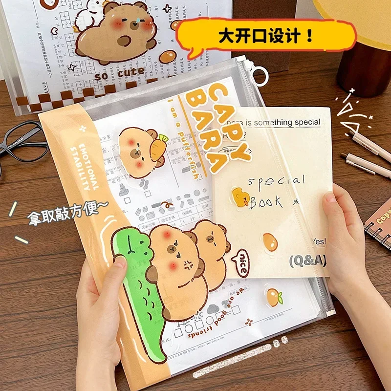 귀여운 카피바라 문구 보관 파우치 투명 문서 가방 A4 사무용 파일 홀더 학교 폴더 지퍼 파우치 루프 풀