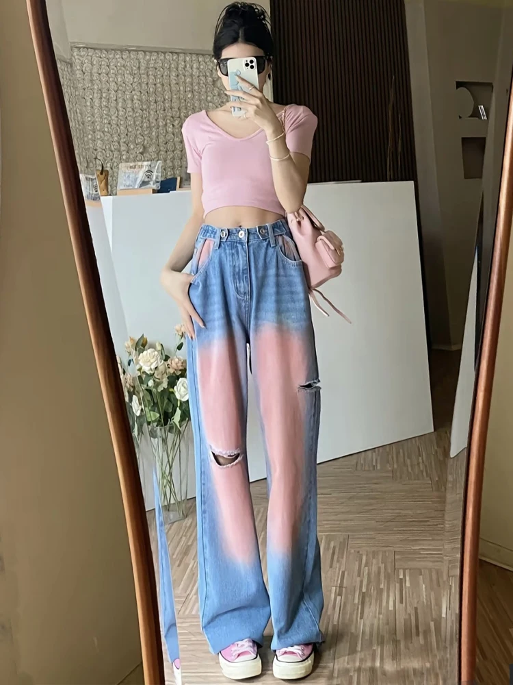 Women's Gradient Color Wide Leg Ripped Jeans Lady Summer Autumn Streetwear Casual High Waist Straight Loose Jeans