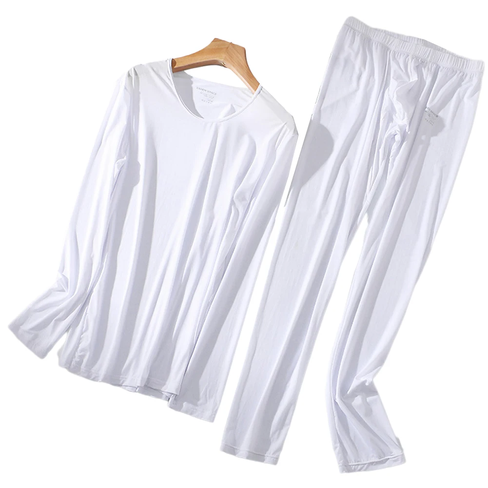 Fashion 2pc Men's Thin Thermal Long Johns Set Solid Color Ice Silk Long Sleeve Top Bottom Sleepwear Underwear Clothing Set