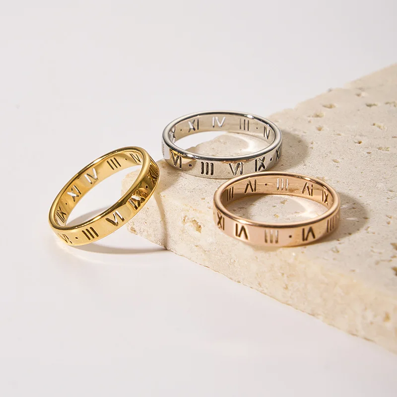 Simple Stainless Steel Roman Numeral Stackable Ring for Women 18K Gold ...