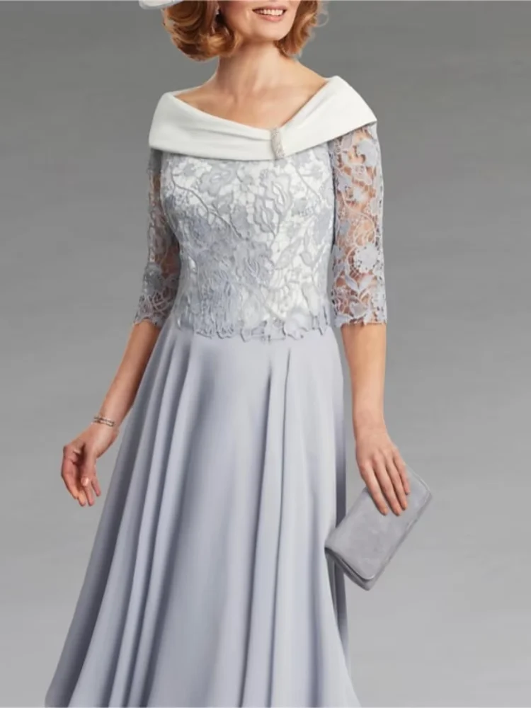 

A-Line Mother of the Bride Dress Bateau Neck Tea Length Chiffon Lace Half Sleeve with Pleats Crystal Brooch 2023