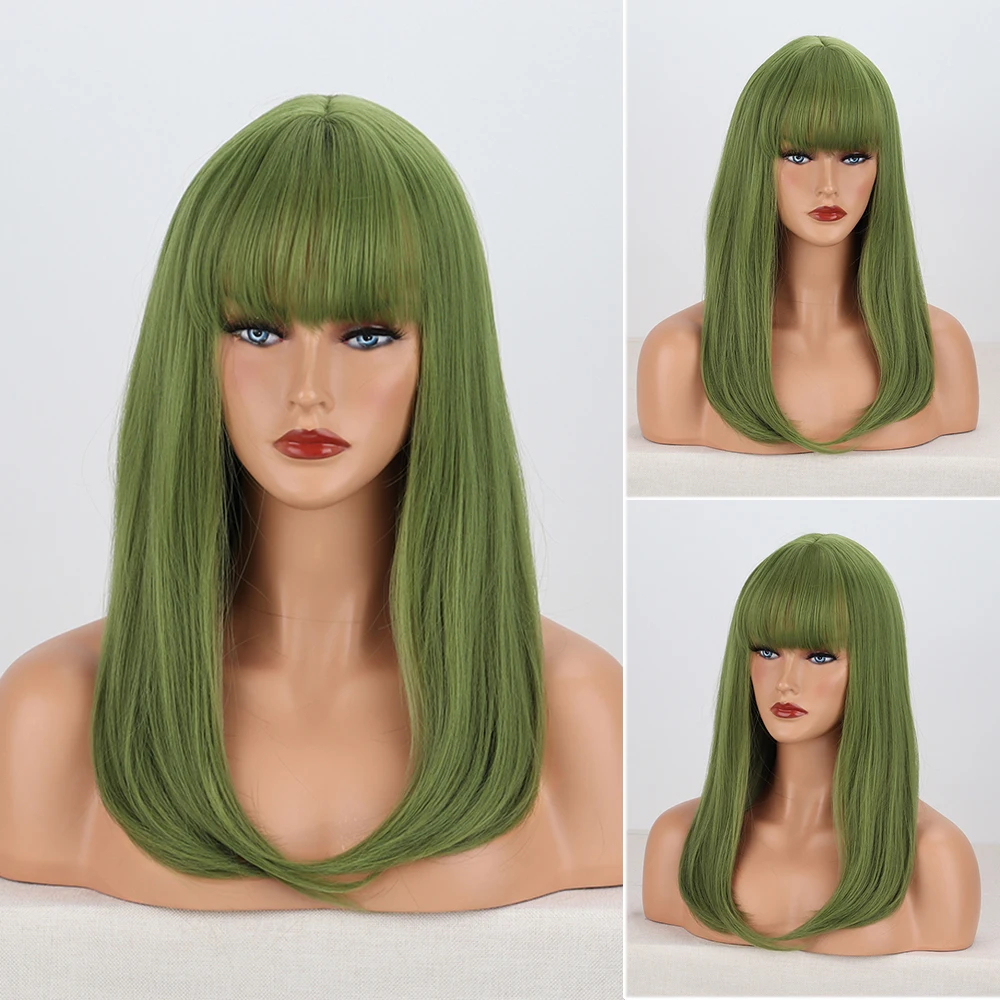 

Green Medium Length Straight Bob Synthetic Wig Cosplay Party Daily Wear Women Wigs With Bangs Heat Resistant Fibre