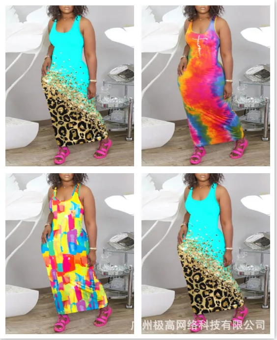 

Contrast Leopard Print U-Neck Maxi Dress Women Sleeveless Long Dress Spring Summer High Waist O Neck