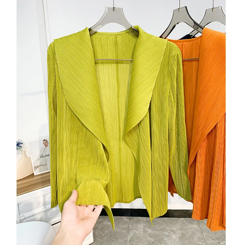 Miyake Pleated Short Jacket 2025 Spring Summer Women's Casual Tops Flap Collar Loose Shopping Peplum Cardigan Tunic Tops