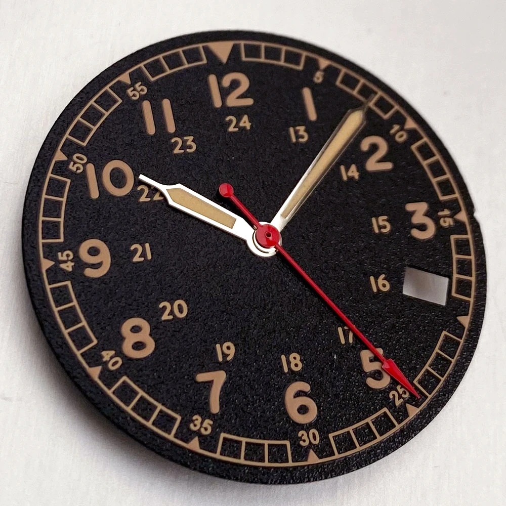 Vintage 29mm Black Olive Green Pilot Field Watch Dial with Luminous Hands and Date Window