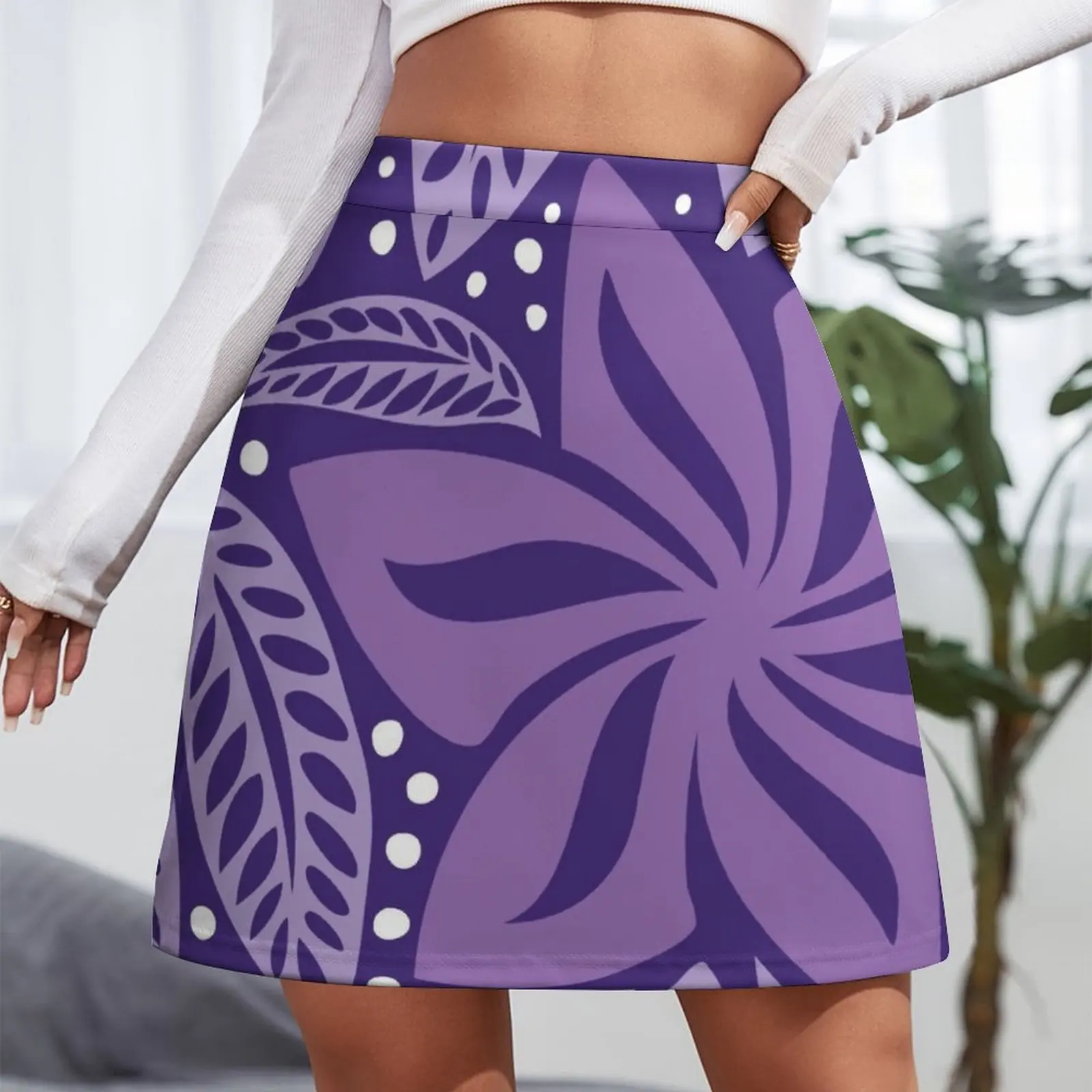 Polynesian Hawaiian big flower purple white floral tattoo design Mini Skirt Korean clothing
