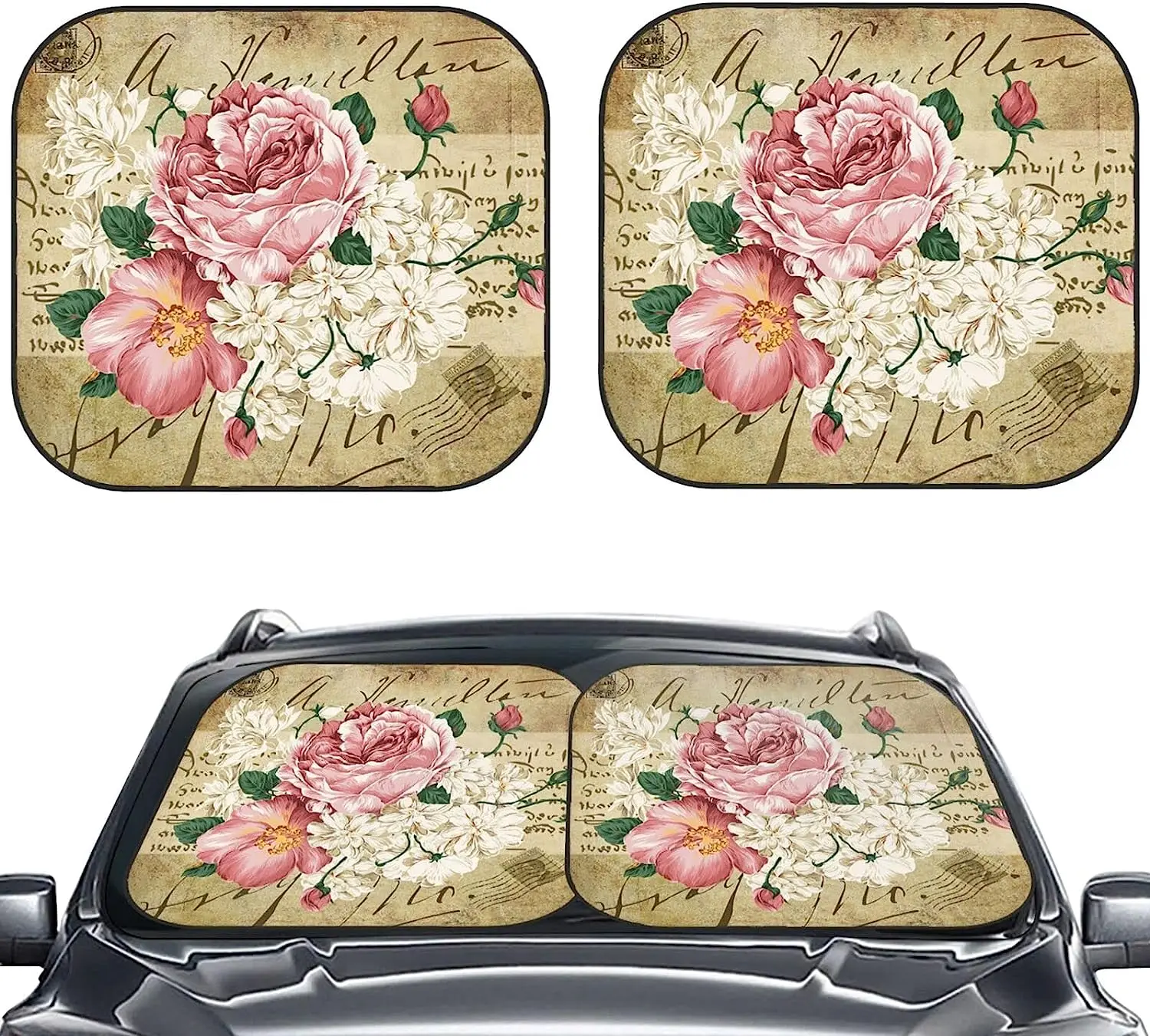 

Vintage Rose Floral Car Windshield Sun Shade Foldable 2pcs Window Sunshades for Most Windshield Foldable Sun Visor Protector