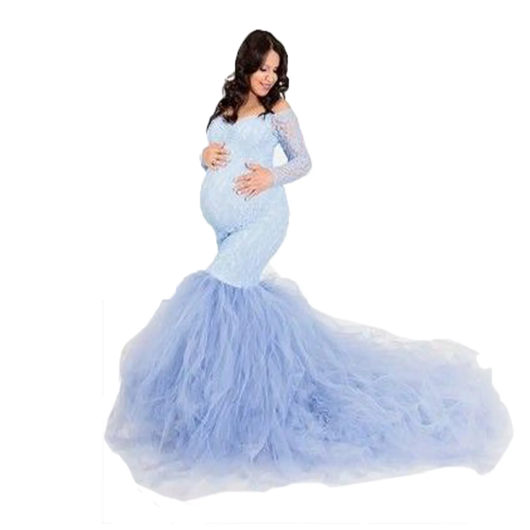 

Maternity Gown Lace Maxi Dress Pregnant Women Clothes Photography Pregnancy Dress Photo Long Sleeve Shoot Baby Shower Dress