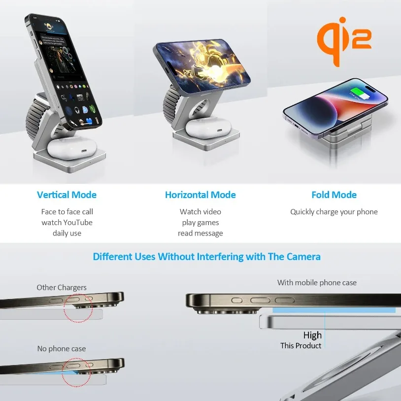 VIKEFON Qi2 3 in 1 15W Magnetic Wireless Charger for Iphone 17-12 Fast Charging Folding for Apple Watch Airpods Wireless Charger