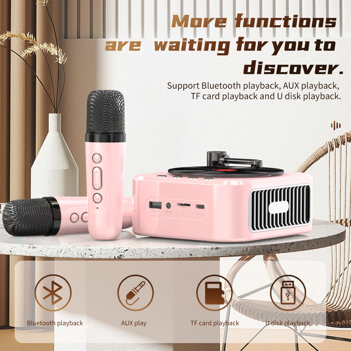 Record player Bluetooth speaker with microphone, classical and nostalgic music player, stereo, home speaker, travel music player