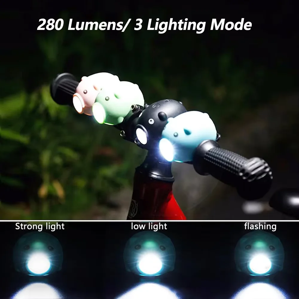 Cartoon Piggy Rechargeable MTB Bike Headlight with Horn - 3-Mode Handlebar Front Light