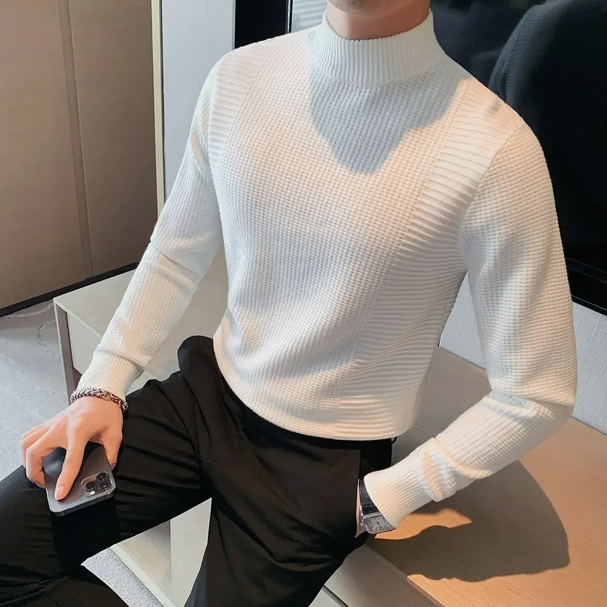 

Knitted Sweaters for Men Half Collar Plain Man Clothes Turtleneck Pullovers Solid Color Blue Best Selling Products 2023 Overfit