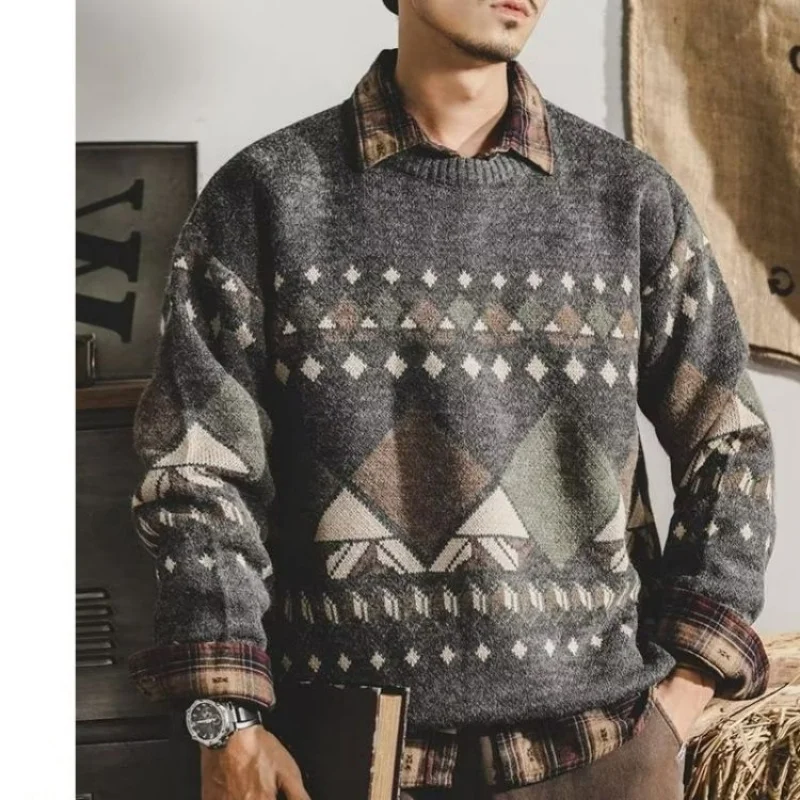 American Vintage Men Thicken Plaid Sweater Autumn Winter New Round Neck Loose Long Sleeve Fashion Casual Knitted Pullovers Top