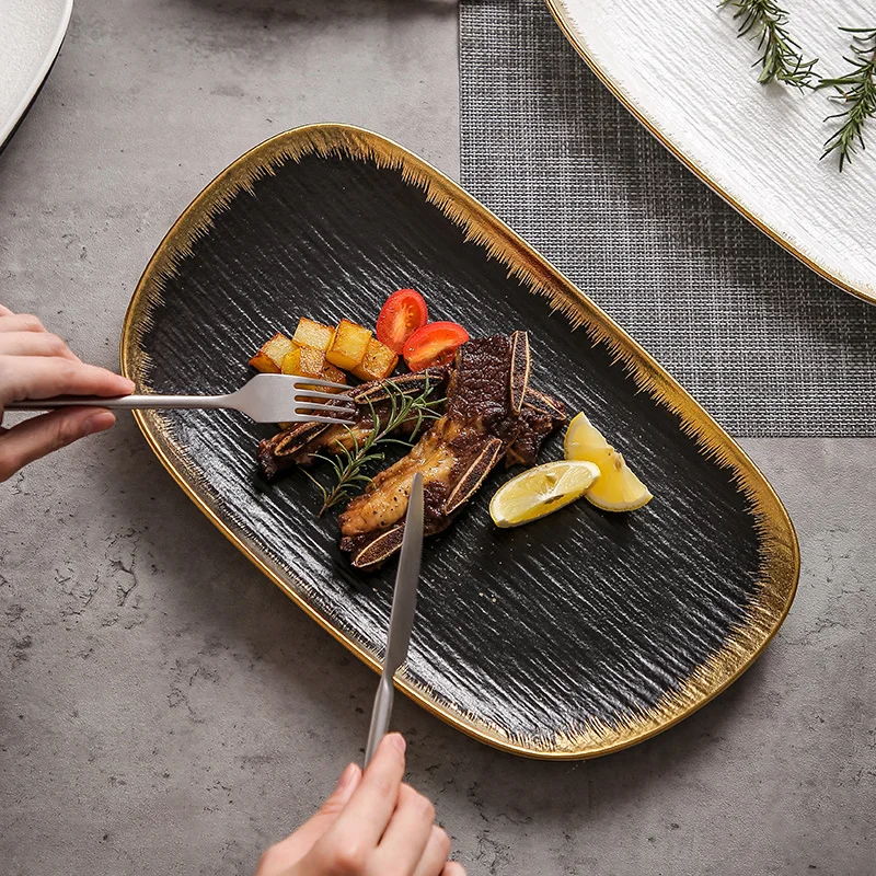 

Rectangle Ceramic Tableware Steak Food Plates Dessert Tray Pasta Dish Dinnerware For Restaurant