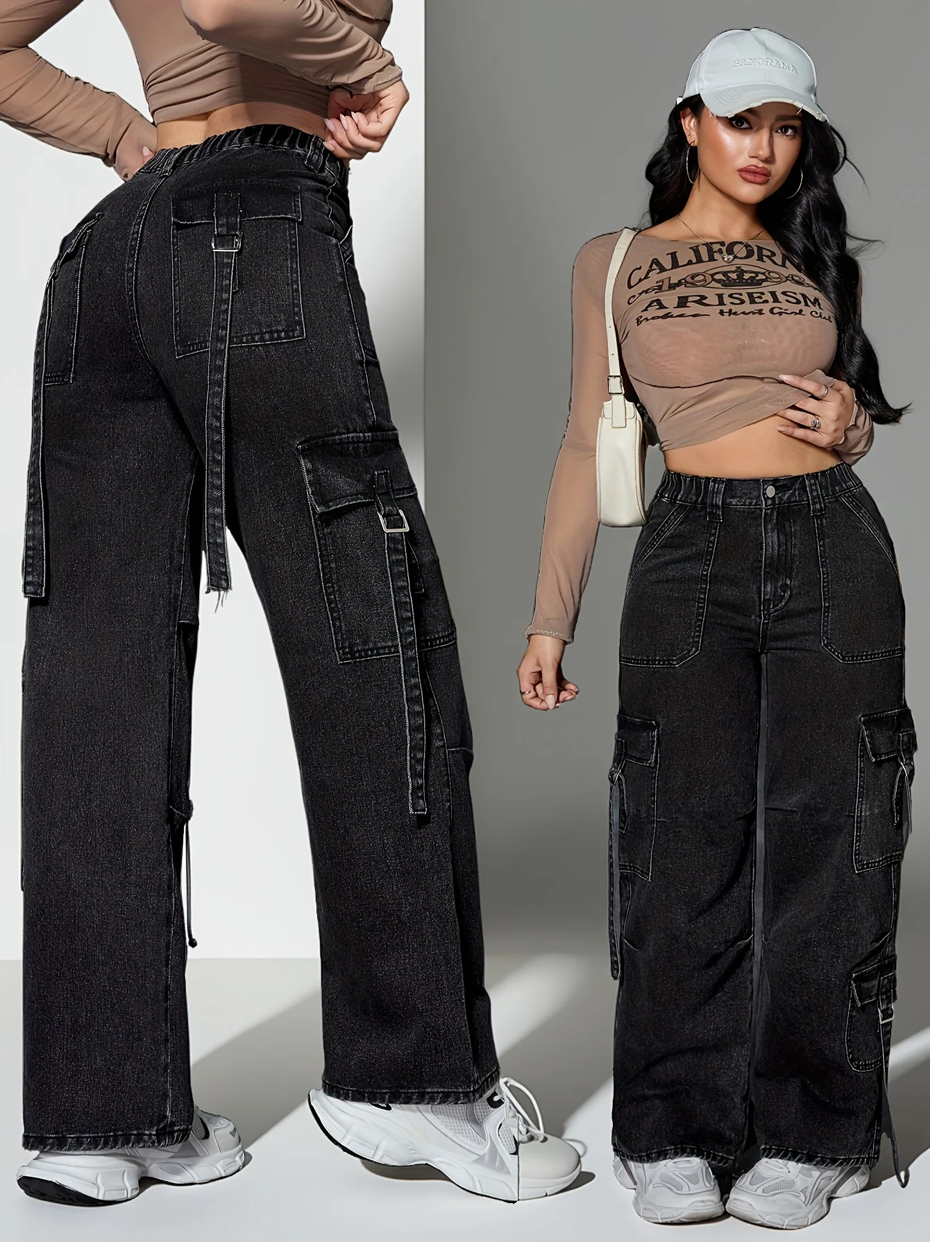 Jean de travail pour femmes avec poches à rabat, taille élastique, poches multiples, jean de travail multifonctionnel taille moyenne à jambes larges