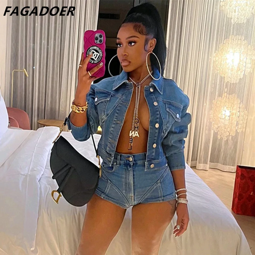 FAGADOER Fashion Street Denim Shorts Sets Women Turndown Collar Button Coat And Shorts Two Piece Outfits Female 2pcs Tracksuits