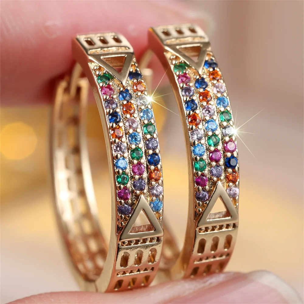 Three Row Small Round Stone Rainbow Zircon Hoop Earrings For Women Vintage Gold Color Ear Buckle Wedding Jewelry Valentine Gifts