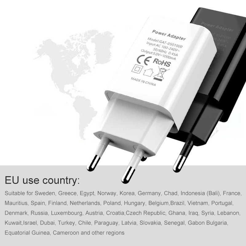 5V1A USB Charger for Mobile Phone EU charger Plug CE Certificate Travel in Europe Italy Switzerland France Germany Sweden Norway charger adapter battery charger power supply adapter battery charger adapter