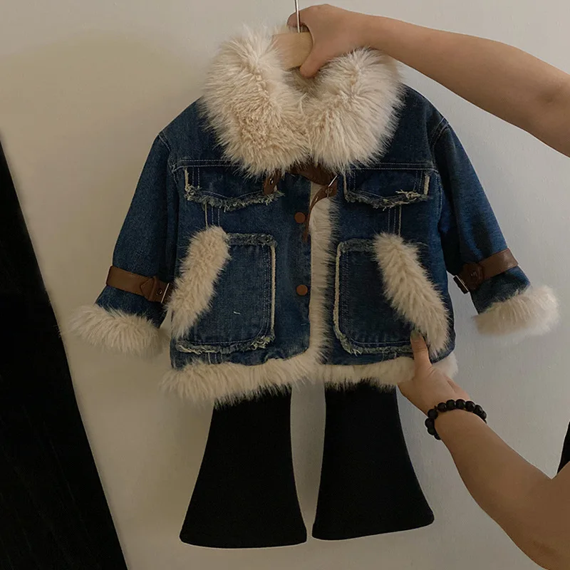 Kids Clothes Toddler Jacket 2023 Winter Coat Outerwear Girls' New Plush Polo Coat Thick Denim Coat and Velvet Flare Pants