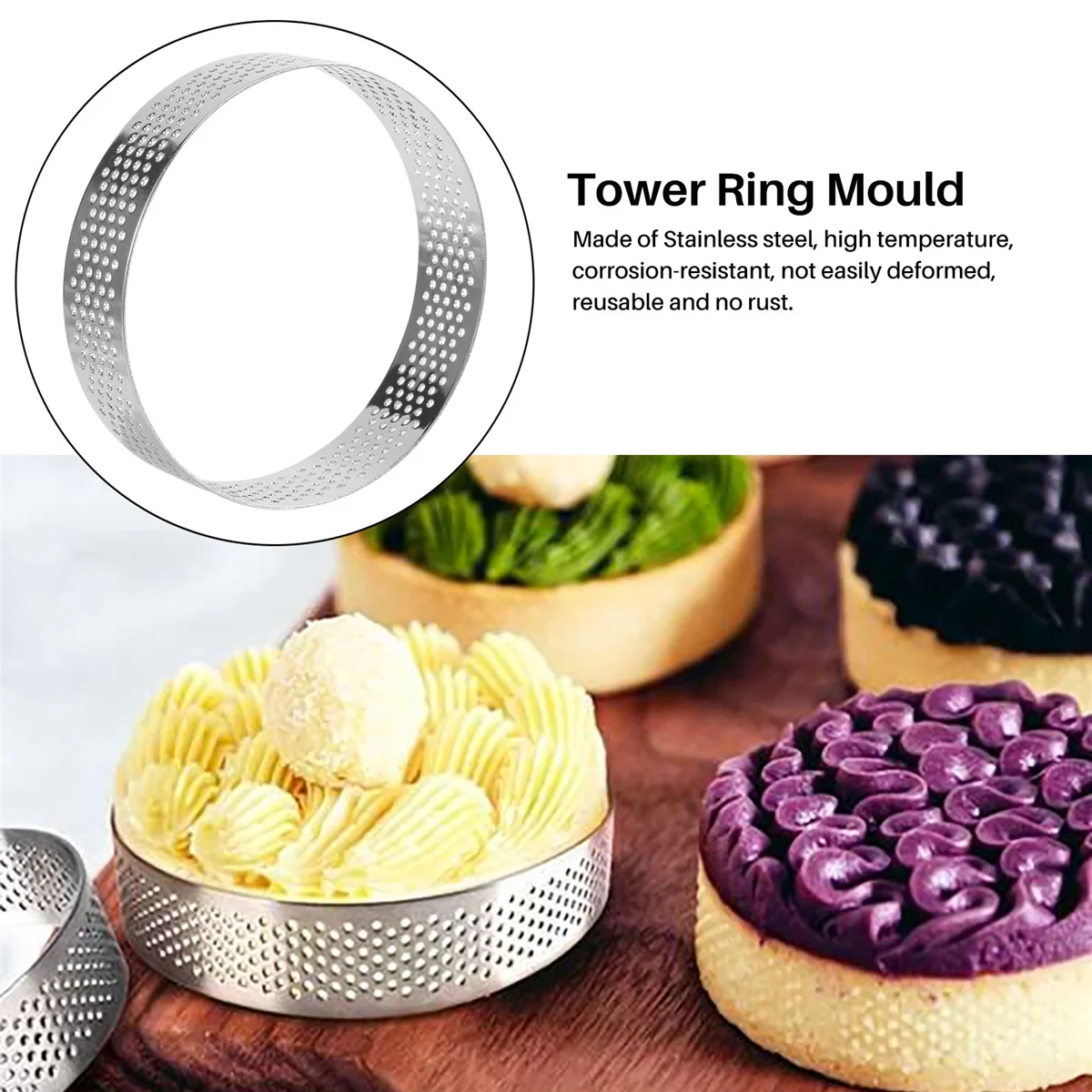 Circular Stainless Steel Tart Ring Tower Pie Cake Mould Perforated Cake Mousse Ring,8cm