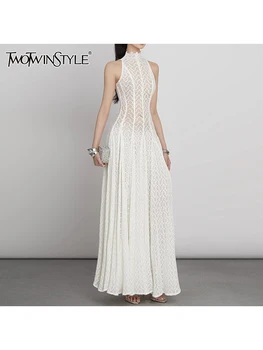 TWOTWINSTYLE Solid Spliced Appliques Loose Dresses For Women O Neck Sleeveless High Waist Temperament Dress Female Fashion New 1
