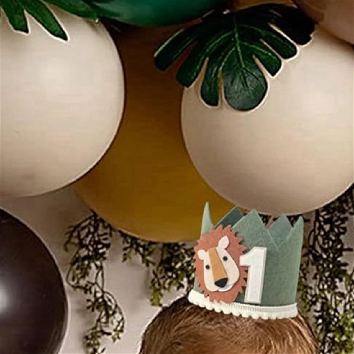 1 Year Old Kids Avocado Green Lion Birthday Crown First Baby Party White Non Woven Safari B 5