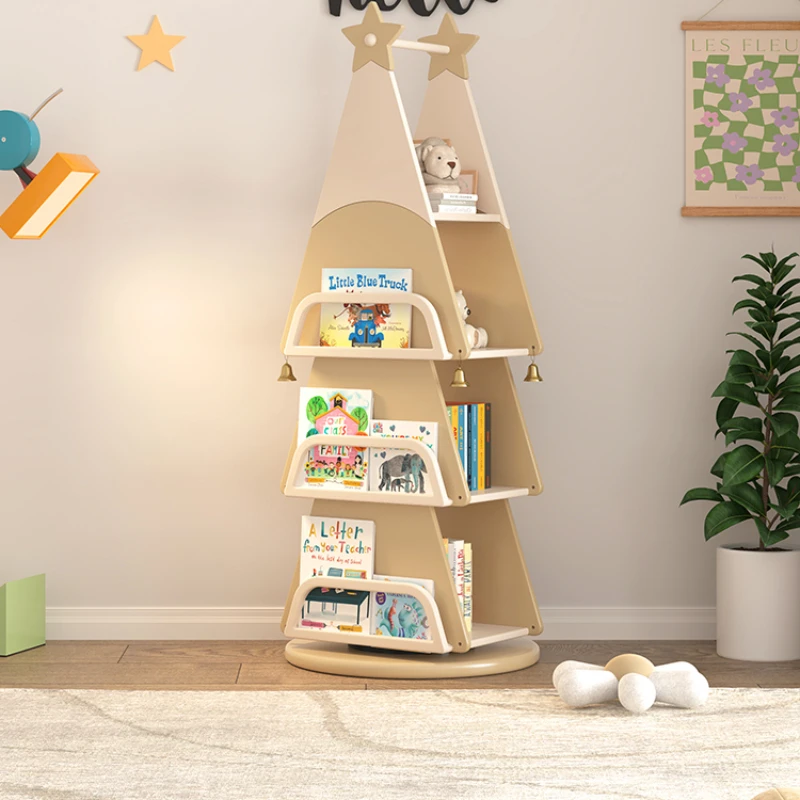 

360 degree rotating bookshelf, children's all solid wood picture book rack, simple and modern landing home