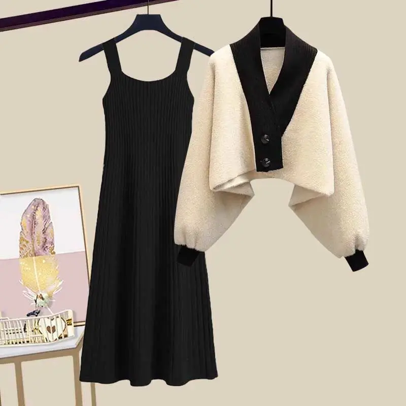 

Women's Autumn Winter New In Matching Set Korean Elegant Short Knitted Sweater Coat Dress Two Piece Female Chic Clothing Suit