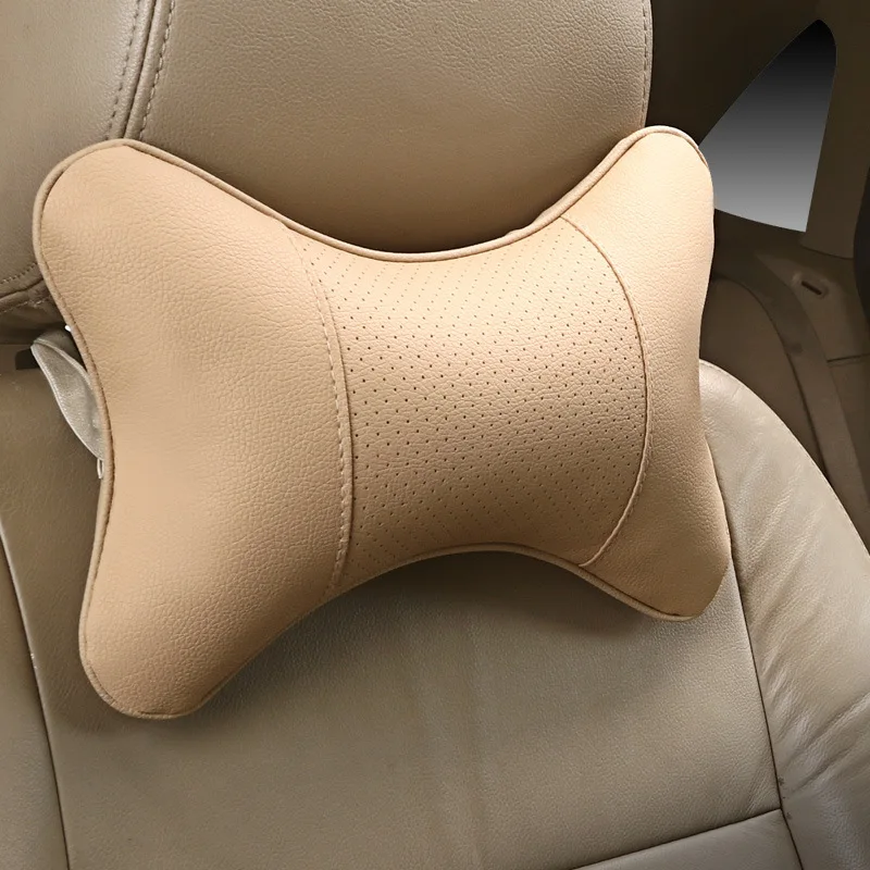 au-kee Headrest Pillow Memory Foam Cushion Leather Velvet Two Sides Cover  Neck Support for Office Car Seat Beige(Pack of 1)