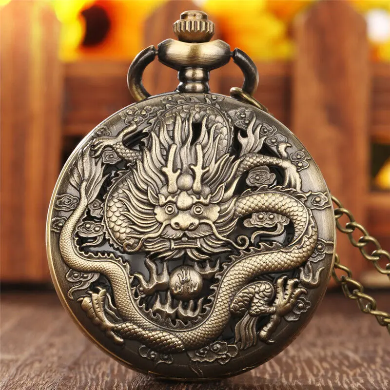 

Steampunk Hollow Dragon Cover Roman Number Bronze Quartz Pocket Watch for Men Women Necklace Pendant Chain Gift Reloj