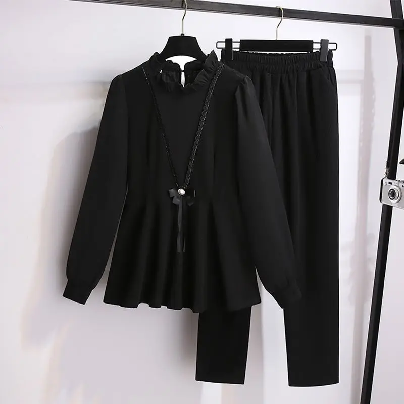 

Women's Corduroy Outfits 2023 Spring Autumn Fashion Retro Wood Ear Collar Panel Top Slim Casual Pants Two Piece Set Trend