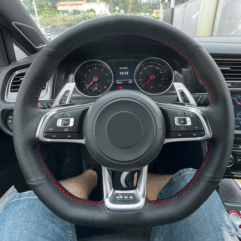 

Black-red Perforated Leather Cover For VW Golf 7 GTI Golf R MK7 Polo Scirocco 2015 2016 Hand Sewing Steering Wheel Cover Trim