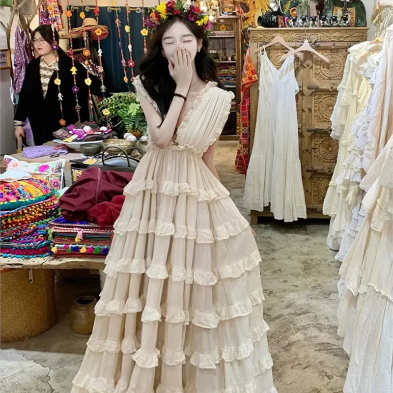 chinese dress ladies Floral Linen Maxi Dress – Handmade Long Sleeve Vintage Swing Dress main image 0