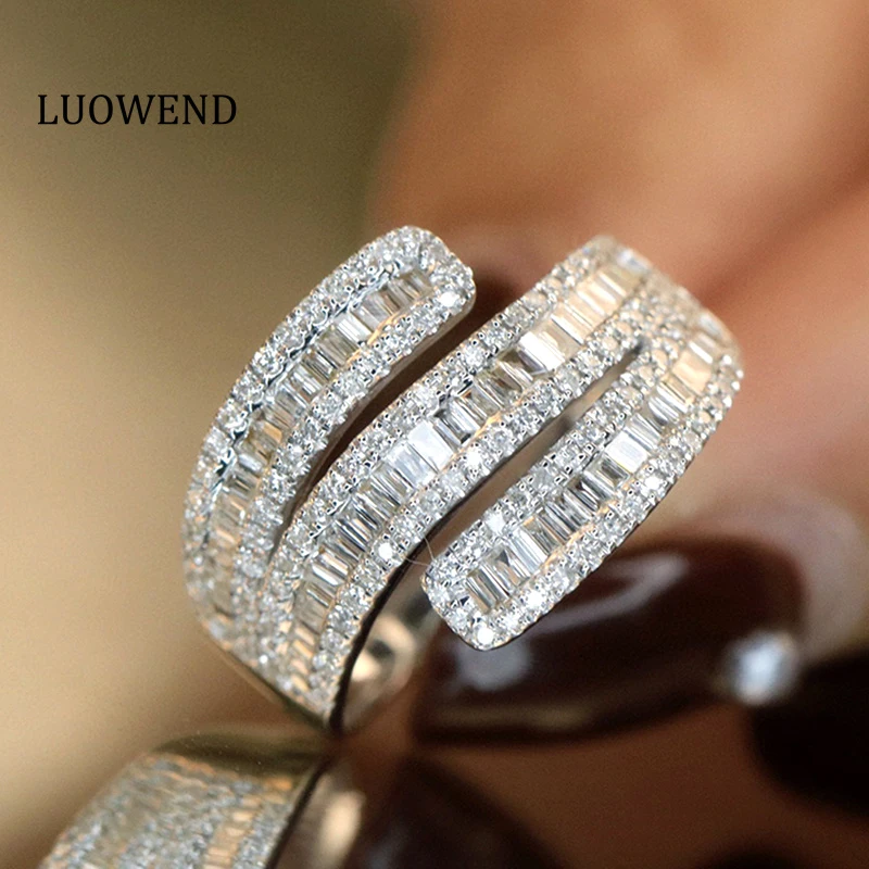 

LUOWEND 18K White Gold Rings Fashion Creative Design 0.90carat Real Natural Diamond Ring for Women Cocktail Party High Jewelry