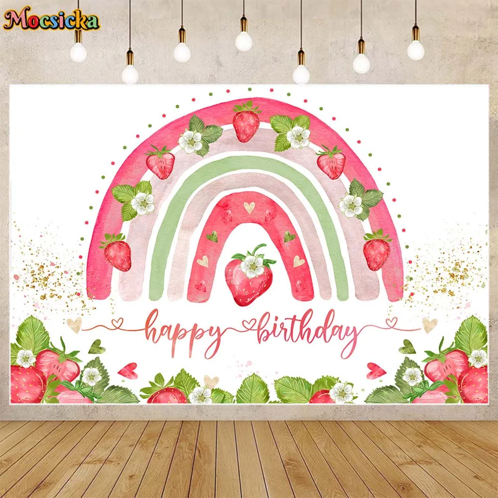 

Mocsicka Strawberry Birthday Backdrop Boho Rainbow Girl Happy Birthday Photo Background Party Decor Banner Studio Photocall Prop