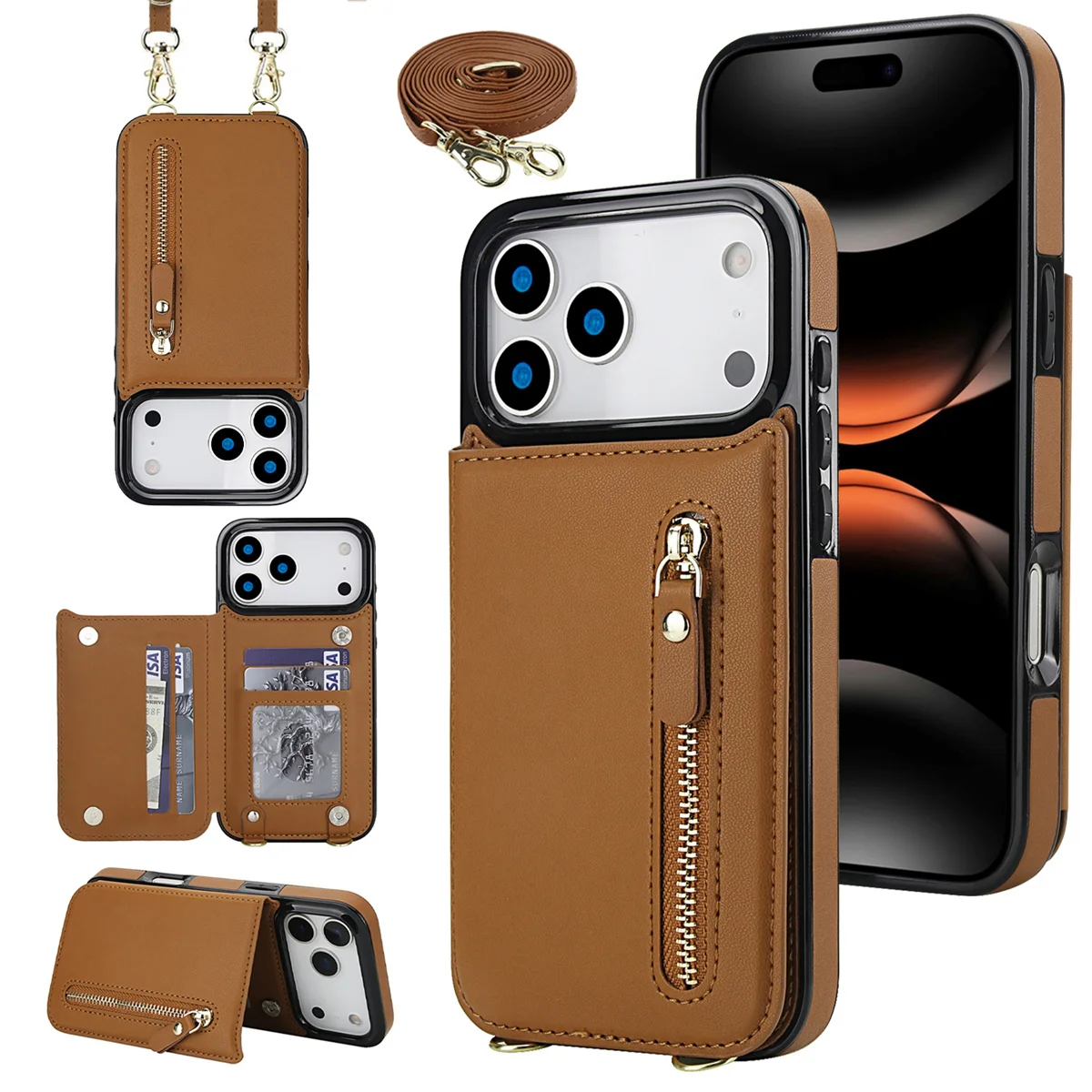 Elegant Leather Crossbody Zipper Wallet with RFID Protection and Card Slots