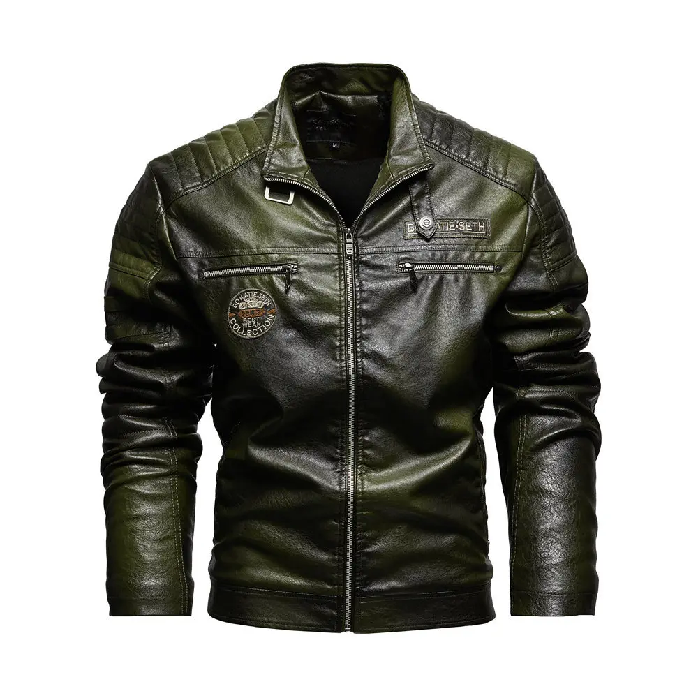 Green Leather Jacket Men Winter Fleece Motorcycle PU Bomber Leahter Jacket Male Stand Collar Casual Ropa De Hombre Slim Coat - 2